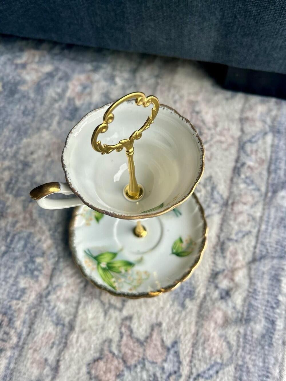 Tiered Teacup and Saucer Vintage, Gold Color, Floral for Jewelry/Display - Picture 2 of 4